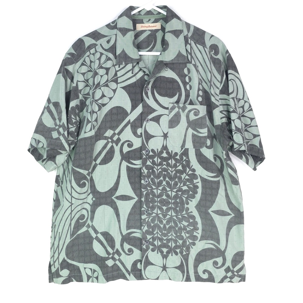 Tommy Bahama Men L Green Geometric Camp 100% Silk Short Sleeve Button Down Shirt